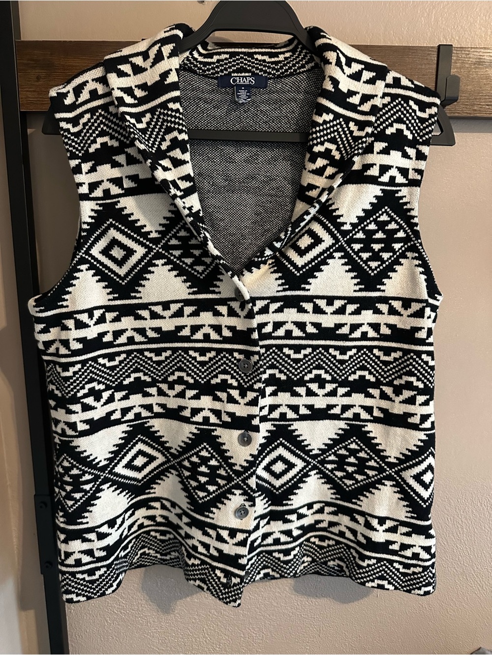 Chaps Black & White Geometric Western Styled Knit Button-Front Sweater Vest